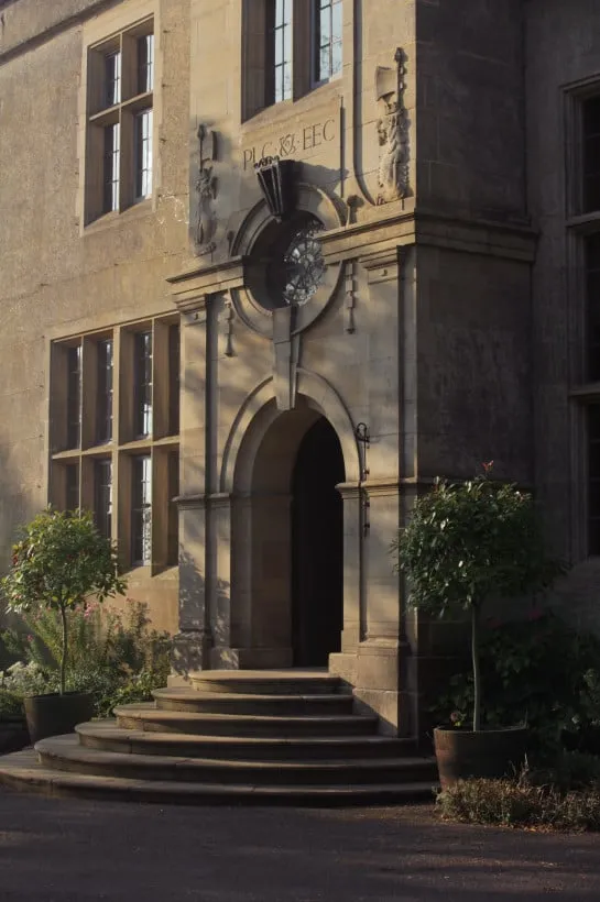 The front steps of Burton Court at dawn. This historic manor house has many features that can be used for filming television and location work.