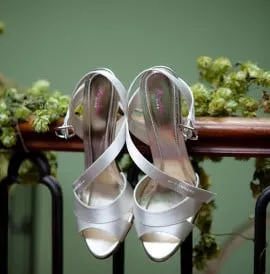 Hops tied to the cantilevered staircase at a wedding.