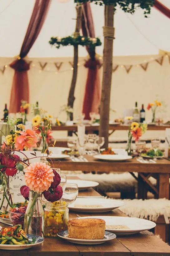 Vintage wedding breakfast set up.